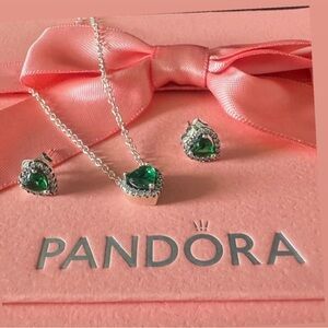 Pandora Silver Necklace with Green Heart Stones